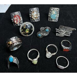 Vintage Costume Jewelry Ring Lot Modern Brutalist Silvertone Spinner Resin